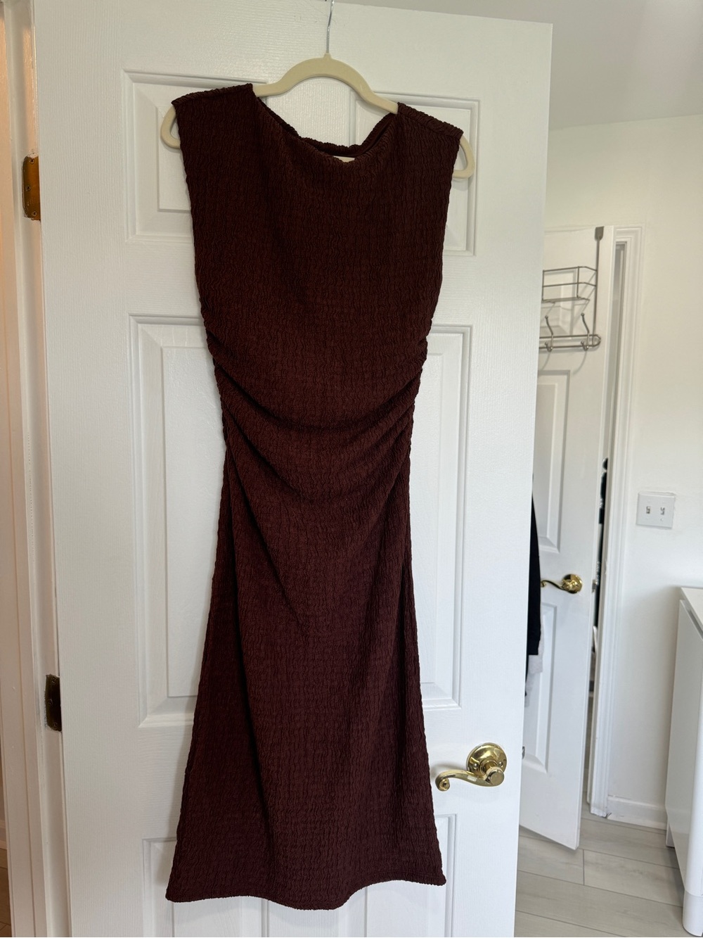 H&M Sleeveless Textured Midi Dress in Dark Brown
